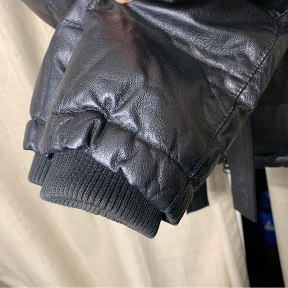 Danier Black Leather Puffer Jacket Sz XXS High Neck Bomber Quilted Winter Coat - Picture 6 of 16